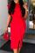 Red Fashion Casual Solid Patchwork Slit O Neck Short Sleeve Dress