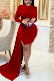 Red Fashion Sexy Solid Hollowed Out Patchwork O Neck Long Sleeve Dresses