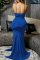 Blue Fashion Sexy Solid Patchwork Backless Slit Spaghetti Strap Long Dress