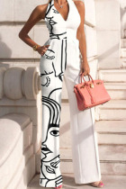 White Casual Print Bandage Patchwork Backless Straight Jumpsuits