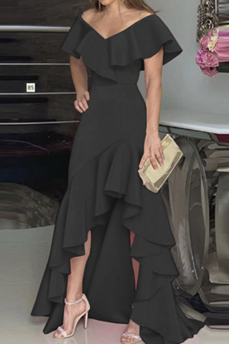 Black Deep V Neck Ruffled Sleeve Ruffle Hi-Low Hem Slim Fit Formal Party Maxi Dress For Wedding