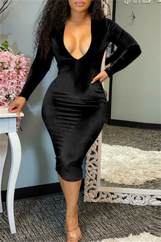 Black Fashion Sexy Solid Patchwork V Neck Long Sleeve Dresses