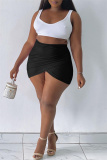 Black Fashion Casual Solid Patchwork Regular High Waist Skirt