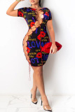 Red Sexy Print Bandage Hollowed Out Patchwork O Neck Pencil Skirt Dresses