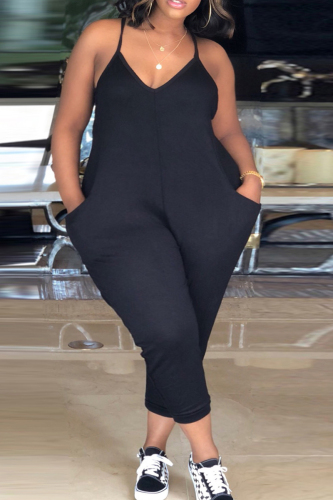 Black Fashion Sexy Solid Backless V Neck Plus Size Jumpsuits