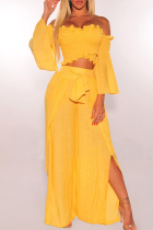 Yellow Sexy Casual Solid Patchwork Backless Off the Shoulder Long Sleeve Two Pieces