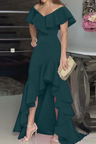 Green Deep V Neck Ruffled Sleeve Ruffle Hi-Low Hem Slim Fit Formal Party Maxi Dress For Wedding