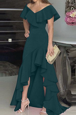 Green Fashion Casual Solid Patchwork V Neck Evening Dress