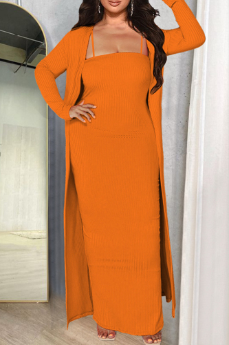 Orange Fashion Casual Solid Patchwork Square Collar Long Sleeve Two Pieces