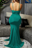 Green Fashion Sexy Solid Patchwork Backless Slit Spaghetti Strap Long Dress