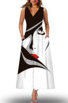 Black White Casual Print Patchwork V Neck Straight Dresses