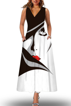 Black White Casual Print Patchwork V Neck Straight Dresses