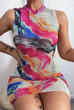 Multicolor Fashion Sexy Print See-through O Neck Sleeveless Dress