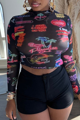 Black Casual Print Patchwork O Neck Long Sleeve Two Pieces