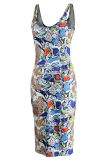 Multicolor Sexy Animal Print Patchwork Halter Pencil Skirt Dresses