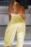 Yellow Fashion Sexy Solid Bandage Patchwork Backless Halter Regular Jumpsuits