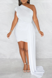 White Fashion Solid Patchwork One Shoulder Pencil Skirt Dresses