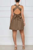 Brown Sexy Solid Bandage Patchwork Fold Spaghetti Strap A Line Dresses