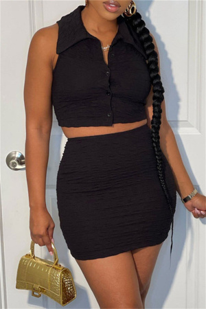 Black Fashion Casual Solid Patchwork Turndown Collar Sleeveless Two Pieces
