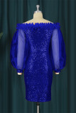 Deep Blue Fashion Sexy Patchwork Sequins See-through Backless Off the Shoulder Long Sleeve Dresses