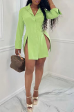 Green Casual Solid Slit Turndown Collar Shirt Dress Dresses