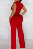 Red Casual Solid Bandage Patchwork Chains Half A Turtleneck Straight Jumpsuits