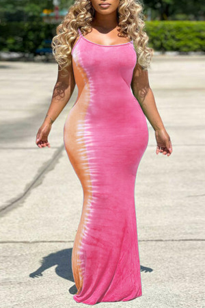 Pink Sexy Print Patchwork Spaghetti Strap Straight Dresses