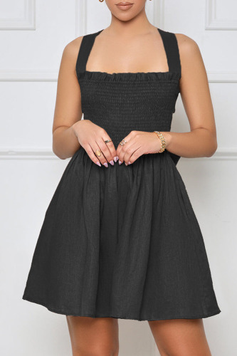 Black Sexy Solid Bandage Patchwork Fold Spaghetti Strap A Line Dresses