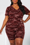 Army Green Casual Print Camouflage Print Patchwork V Neck Plus Size Two Pieces