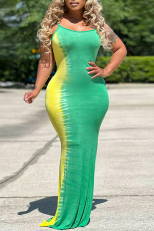 Green Sexy Print Patchwork Spaghetti Strap Straight Dresses