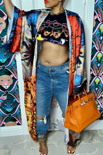Red Fashion Casual Print Patchwork Outerwear(Without Belt)