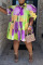 Purple Yellow Casual Print Patchwork Buckle Turndown Collar Shirt Dress Plus Size Dresses