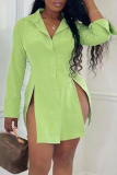 Green Casual Solid Slit Turndown Collar Shirt Dress Dresses