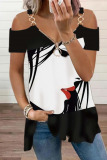 Red Casual Print Patchwork Spaghetti Strap T-Shirts