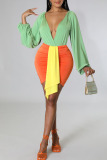 Green Sexy Solid Patchwork V Neck Long Sleeve Two Pieces