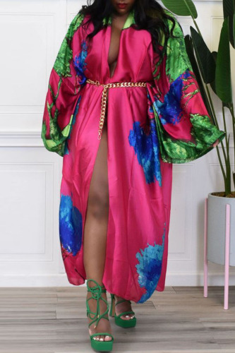 Rose Red Fashion Casual Print Patchwork Outerwear(Without Belt)