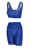Blue Sexy Solid Patchwork See-through U Neck Sleeveless Two Pieces