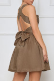 Brown Sexy Solid Bandage Patchwork Fold Spaghetti Strap A Line Dresses