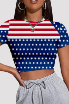 Blue Red Fashion Casual Print Patchwork O Neck T-Shirts