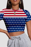 Red Blue Fashion Casual Print Patchwork O Neck T-Shirts