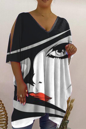 Black White Fashion Casual Print Hollowed Out V Neck T-Shirts