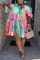 Purple Yellow Casual Print Patchwork Buckle Turndown Collar Shirt Dress Plus Size Dresses