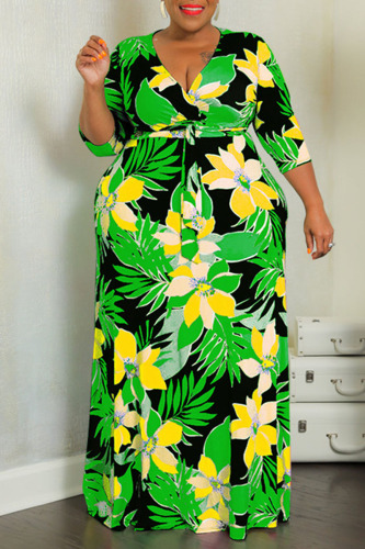 Black Casual Print Bandage Patchwork V Neck Straight Plus Size Dresses
