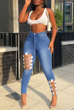 Light Blue Sexy Solid Hollowed Out Patchwork Chains High Waist Denim Jeans