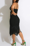 Black Fashion Sexy Solid Tassel Backless Fold Spaghetti Strap Sleeveless Two Pieces