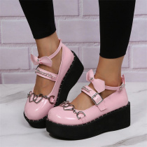 Pink Fashion Casual Patchwork Metal Accessories Decoration With Bow Round Comfortable Wedges Shoes