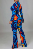 Royal Blue Casual Print Patchwork Buckle Turndown Collar Long Sleeve Two Pieces