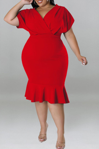 Red Casual Solid Patchwork Flounce V Neck One Step Skirt Plus Size Dresses