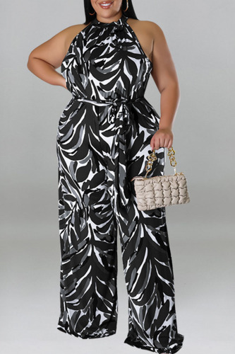 Black Casual Vacation Print Bandage Patchwork O Neck Plus Size Jumpsuits