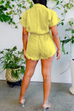 Yellow Casual Solid Patchwork Buckle Turndown Collar Short Sleeve Two Pieces